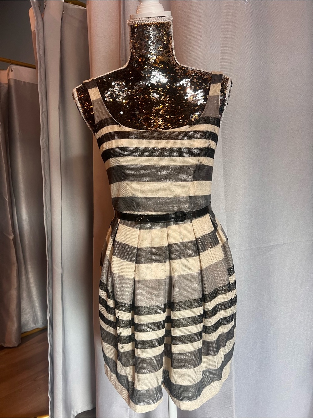 BCBGeneration Black and Cream Striped Sleeveless Fit-and-Flare Mini Dress